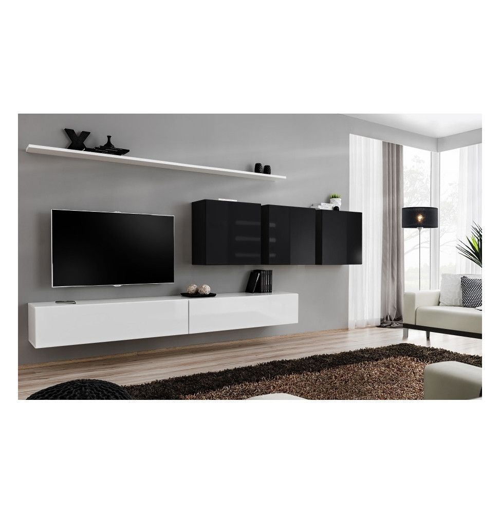 Ensemble meuble TV mural - Switch VII - 340 cm x 150 cm x 40 cm - Blanc et noir