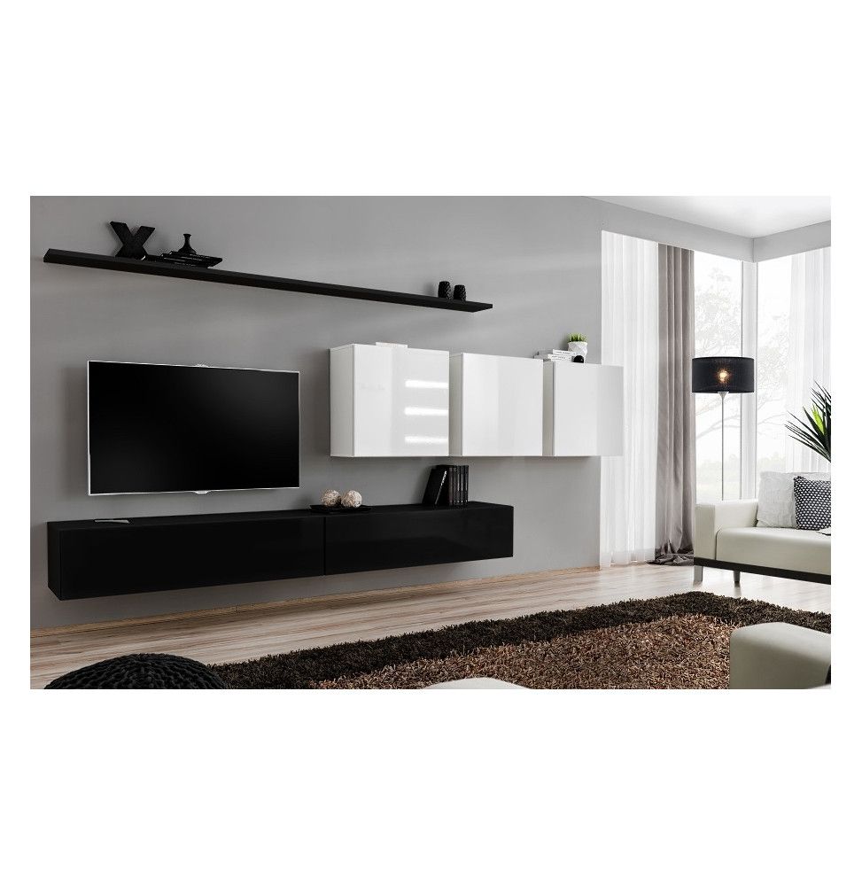 Ensemble meuble TV mural  - Switch VII - 340 cm x 150 cm  x 40 cm - Noir et blanc