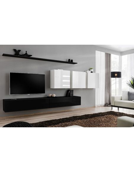 Ensemble meuble TV mural  - Switch VII - 340 cm x 150 cm  x 40 cm - Noir et blanc