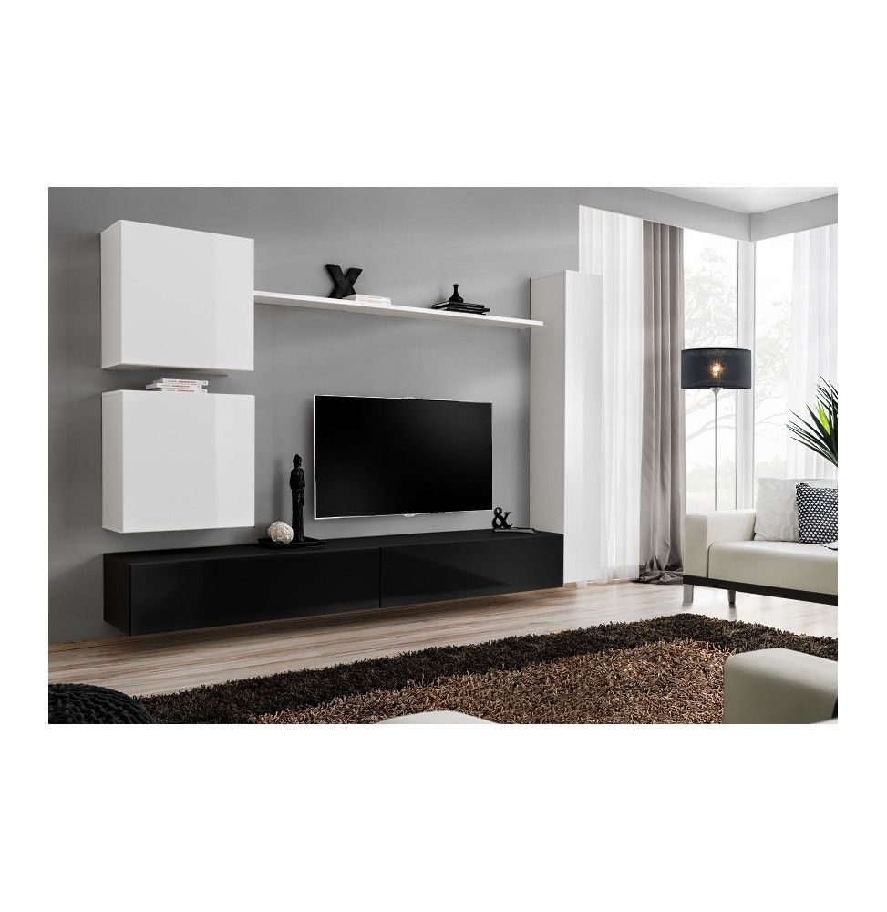 Ensemble meuble TV mural - Switch VIII - 280 cm x 180 cm x 40 cm - Blanc et noir