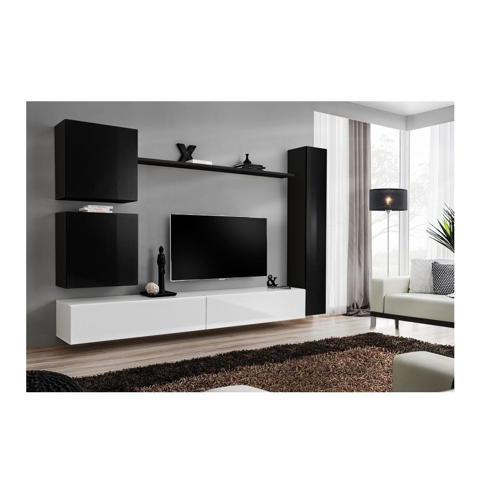 Ensemble meuble TV mural  - Switch VIII - 280 cm x 180 cm x 40 cm - Noir et blanc