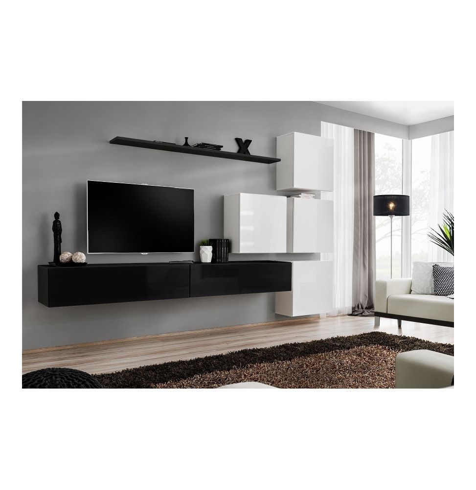 Ensemble meuble TV mural  - Switch IX - 310 cm x 200 cm x 40 cm - Noir et blanc