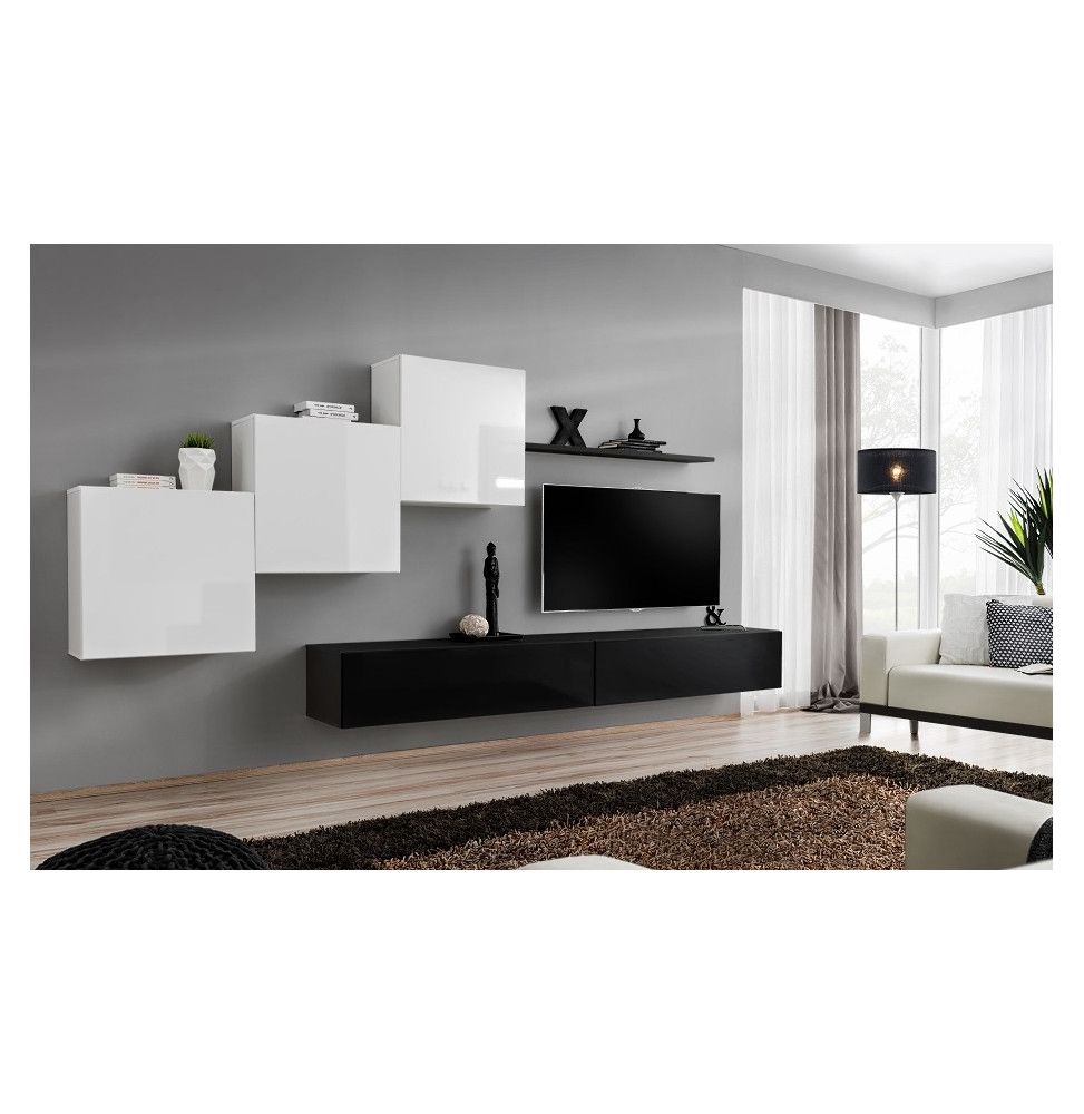 Ensemble meuble TV mural  - Switch X - 330 cm  x 160 cm x 40 cm - Blanc et noir