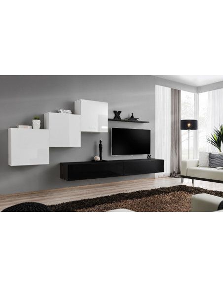 Ensemble meuble TV mural  - Switch X - 330 cm  x 160 cm x 40 cm - Blanc et noir