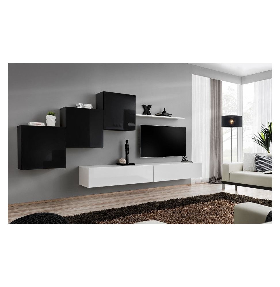 Ensemble meuble TV mural  - Switch X - 330 cm  x 160 cm x 40 cm - Noir et blanc