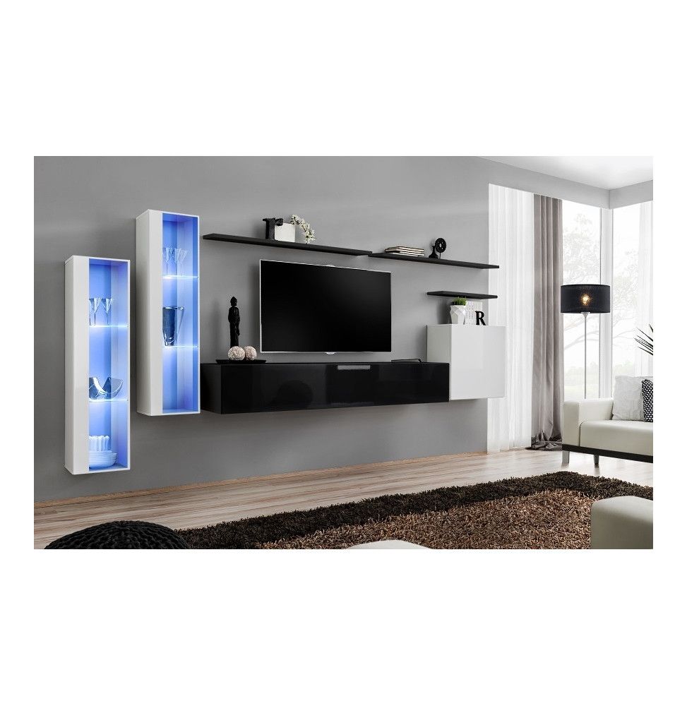 Ensemble meuble TV mural  - Switch XI - 330 cm  x 160 cm x 40 cm - Blanc et noir