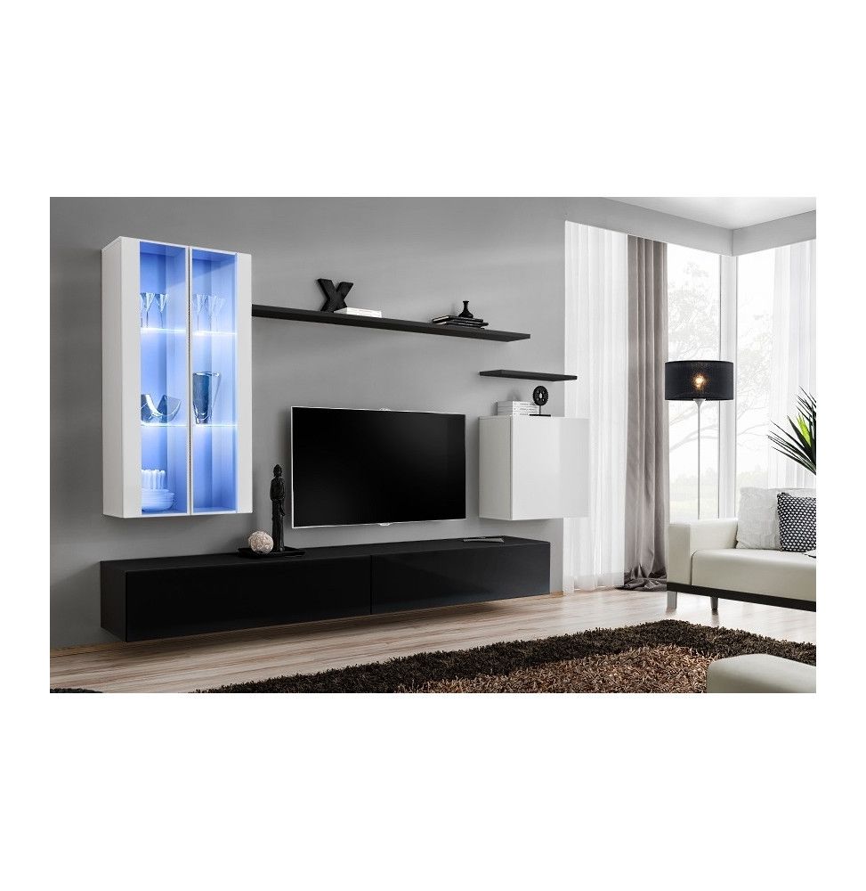 Ensemble meuble TV mural  - Switch XII - 270 cm x 160 cm x 40 cm - Blanc et noir