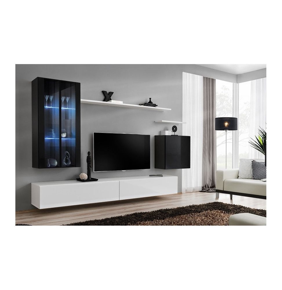 Ensemble meuble TV mural  - Switch XII - 270 cm x 160 cm x 40 cm - Noir et blanc