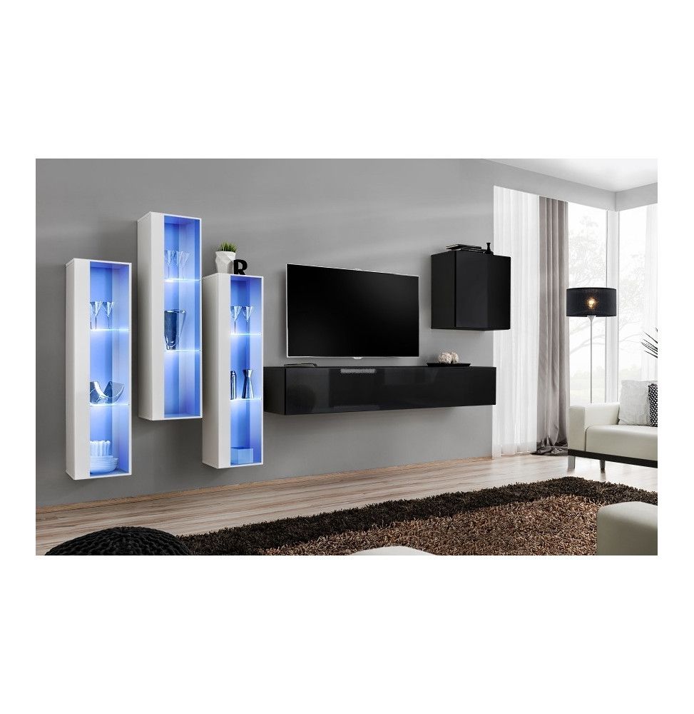 Ensemble meuble TV mural  - Switch XIII - 330 cm  x 160 cm x 40 cm - Blanc et noir