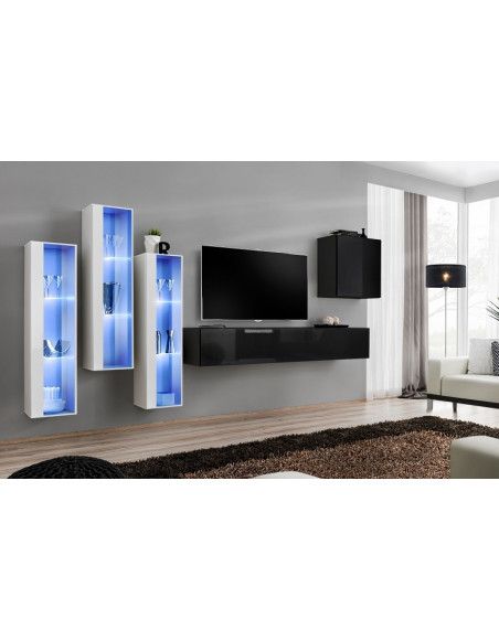 Ensemble meuble TV mural  - Switch XIII - 330 cm  x 160 cm x 40 cm - Blanc et noir
