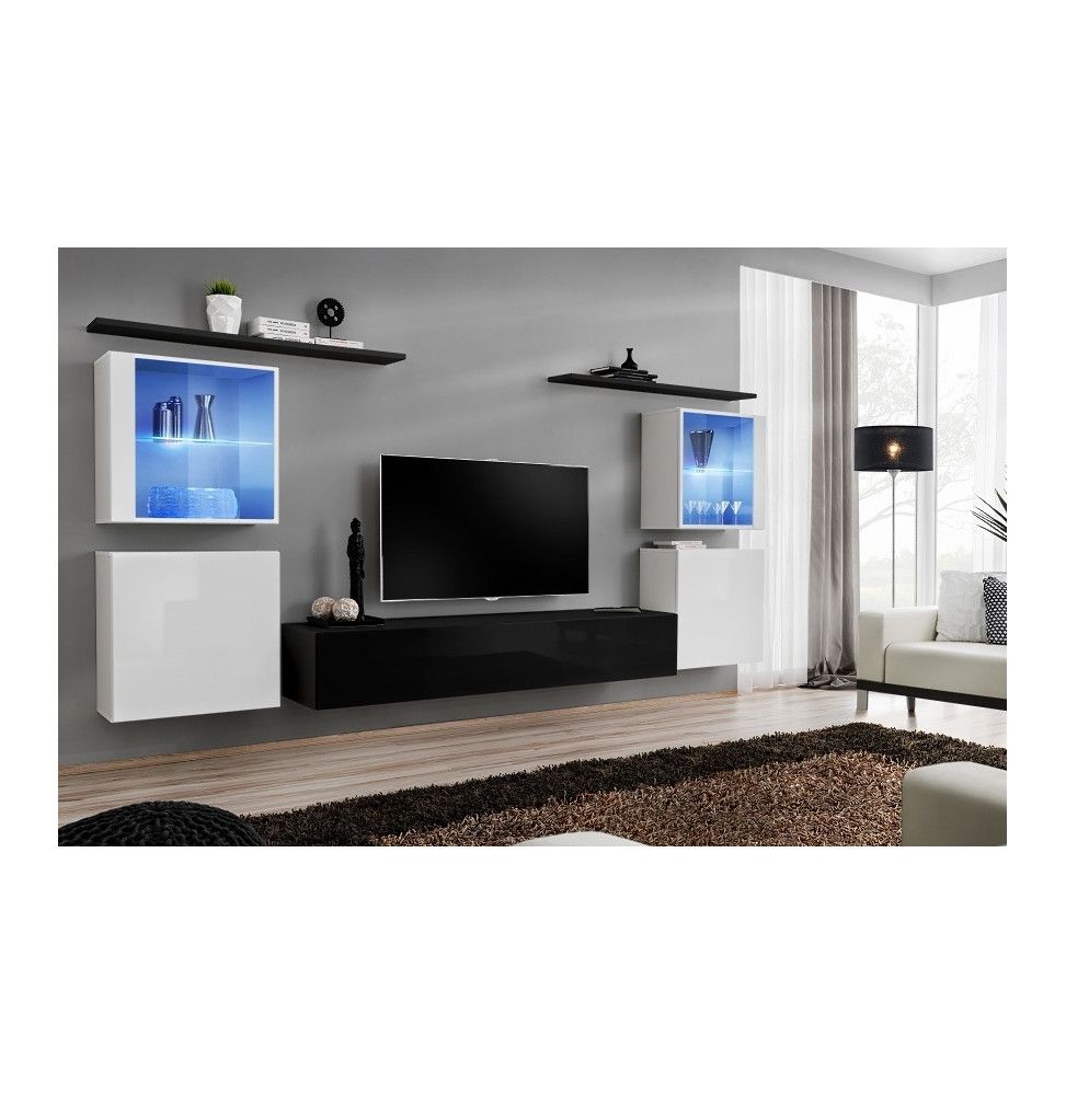 Ensemble meuble TV mural  - Switch XIV - 320 cm  x 150 cm  x 40 cm - Blanc et noir