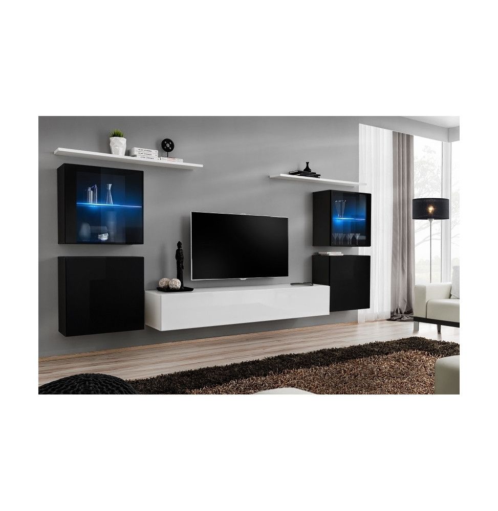 Ensemble meuble TV mural  - Switch XIV - 320 cm  x 150 cm  x 40 cm - Noir et blanc