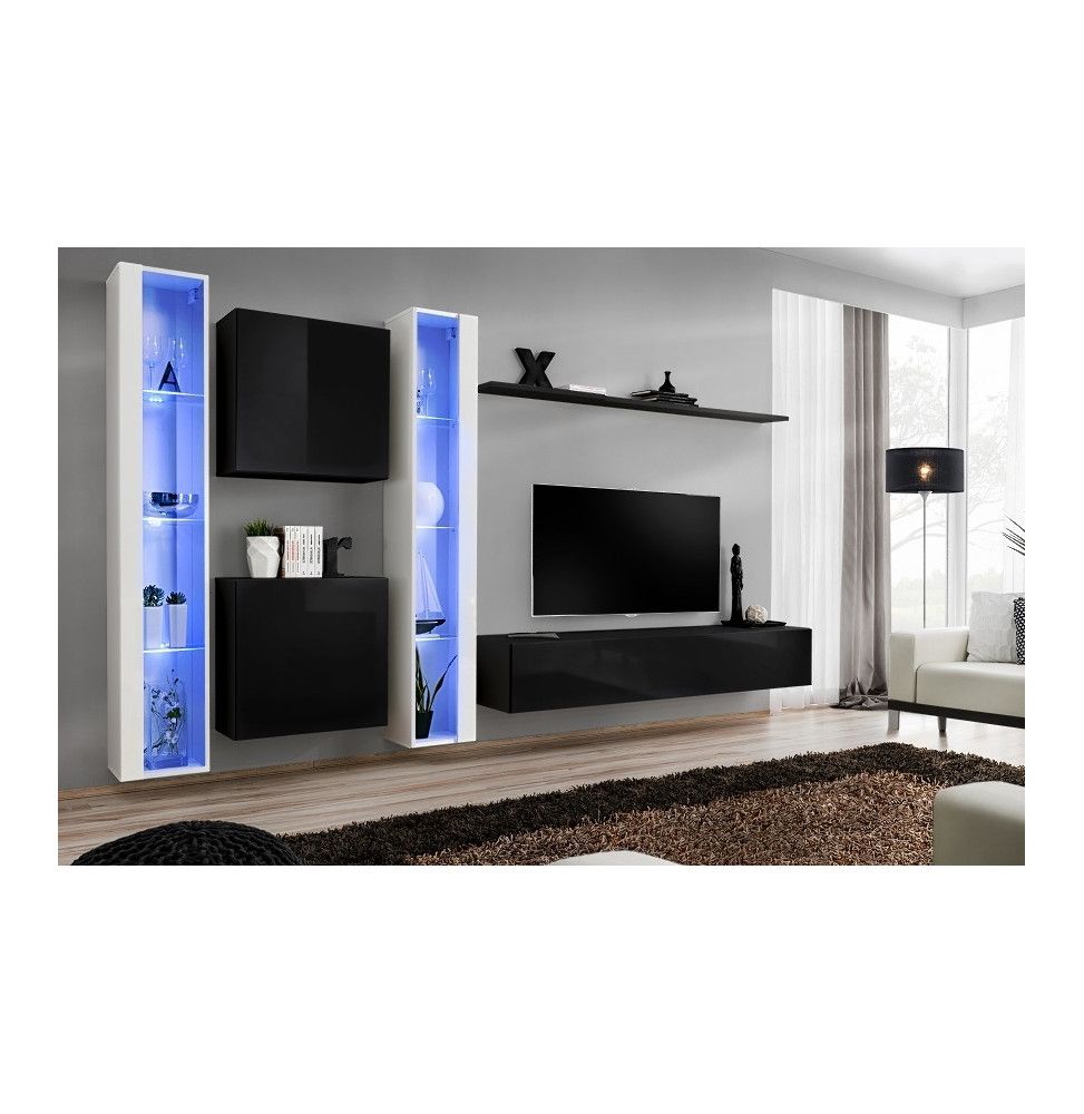 Ensemble meuble TV mural  - Switch XVI - 330 cm  x 180 cm x 40 cm - Blanc et noir