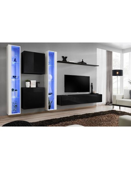 Ensemble meuble TV mural  - Switch XVI - 330 cm  x 180 cm x 40 cm - Blanc et noir