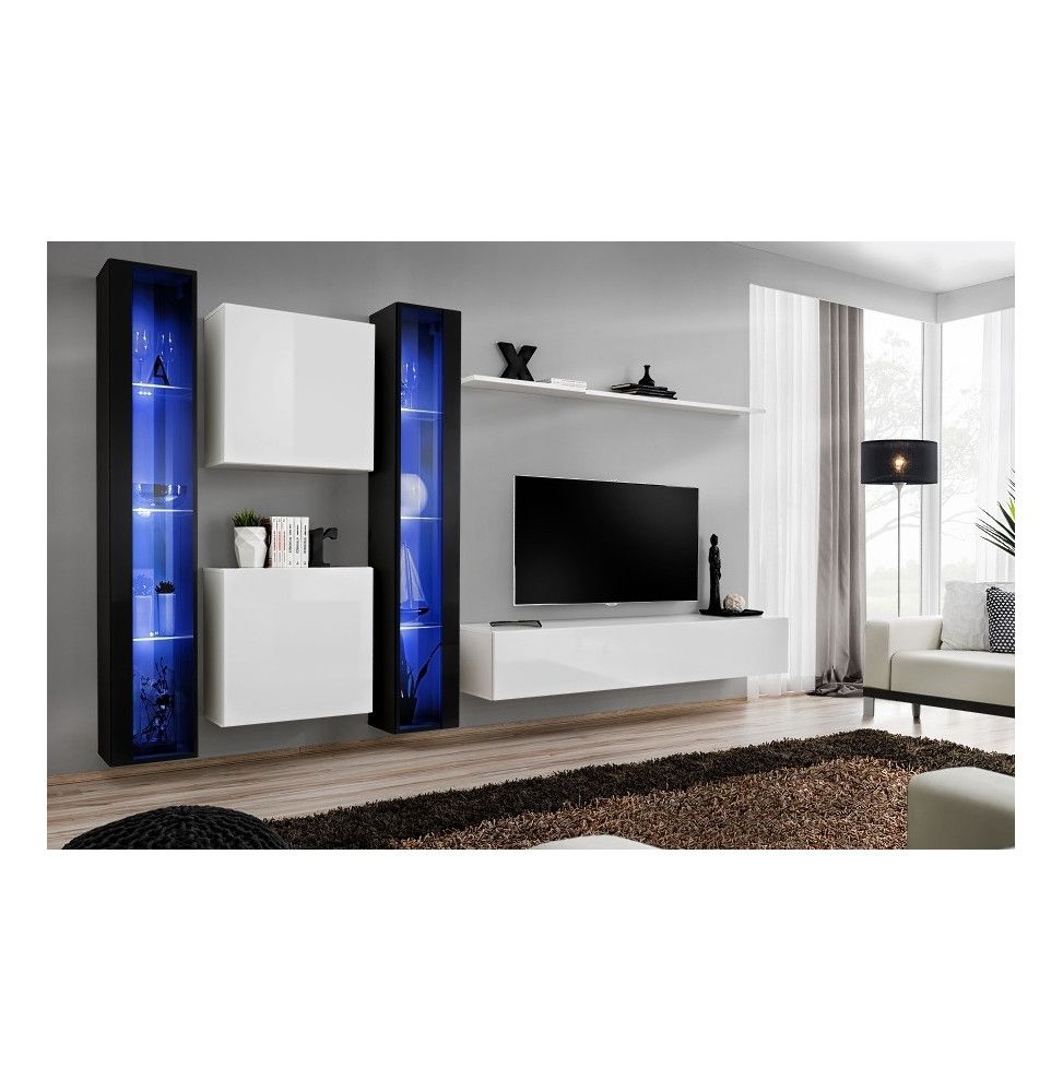 Ensemble meuble TV mural  - Switch XVI - 330 cm  x 180 cm x 40 cm - Noir et blanc