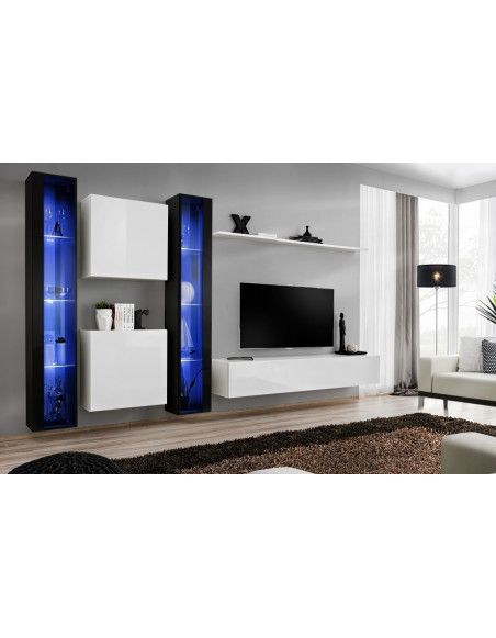 Ensemble meuble TV mural  - Switch XVI - 330 cm  x 180 cm x 40 cm - Noir et blanc