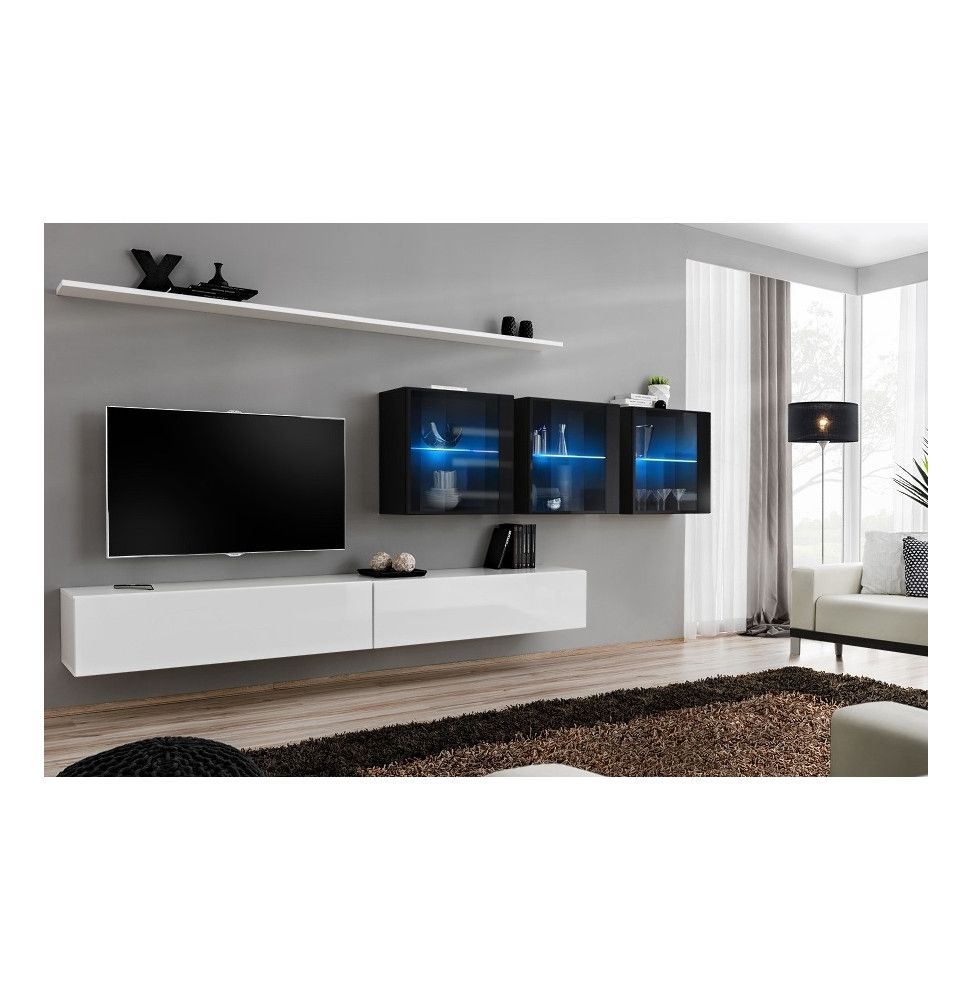 Ensemble meuble TV mural  - Switch XVII - 340 cm x 150 cm  x 40 cm - Blanc et noir