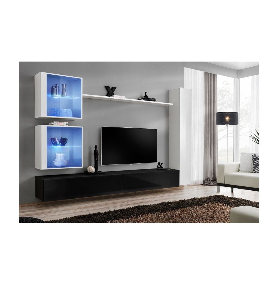 Ensemble meuble TV mural - Switch XVIII - 282 cm x 180 cm x 40 cm - Blanc et noir