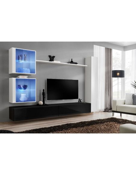 Ensemble meuble TV mural  - Switch XVIII - 282 cm x 180 cm x 40 cm - Blanc et noir