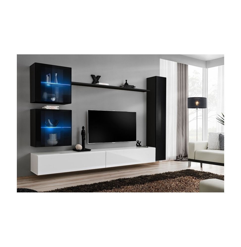 Ensemble meuble TV mural  - Switch XVIII - 283 cm x 180 cm x 40 cm - Noir et blanc