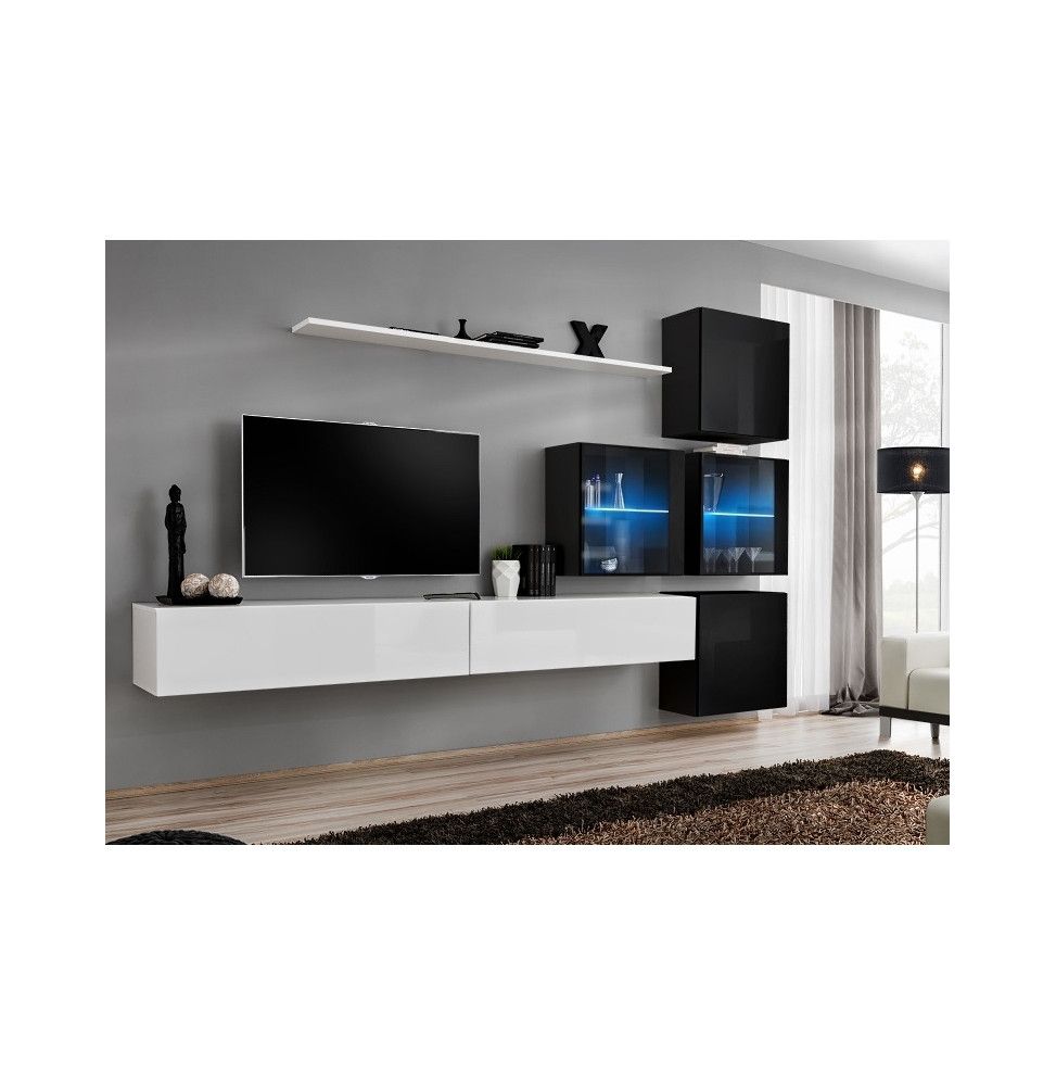 Ensemble meuble TV mural  - Switch XIX - 310 cm x 200 cm x 40 cm - Blanc et noir