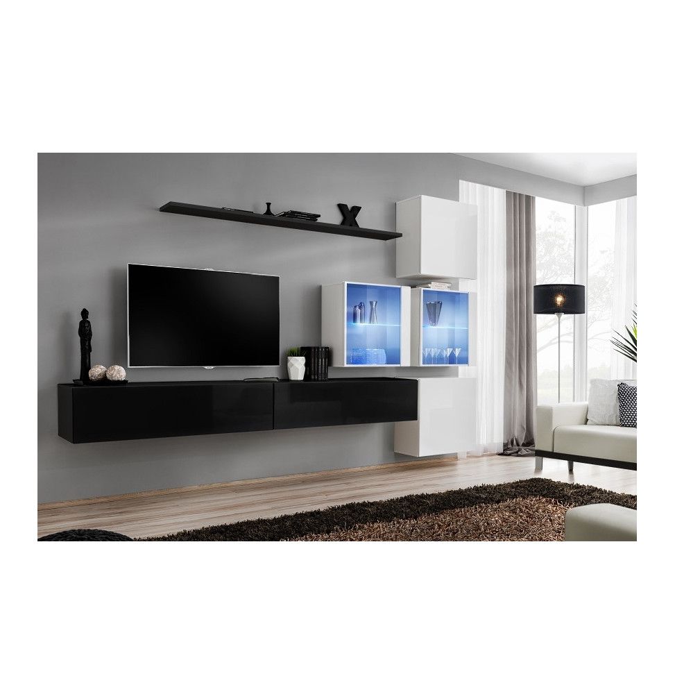 Ensemble meuble TV mural  - Switch XIX - 310 cm x 200 cm x 40 cm - Noir et blanc