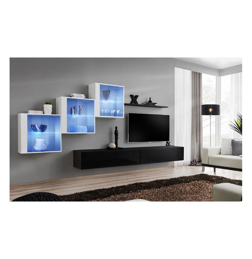 Ensemble meuble TV mural  - Switch XX - 330 cm  x 160 cm x 40 cm - Blanc et noir