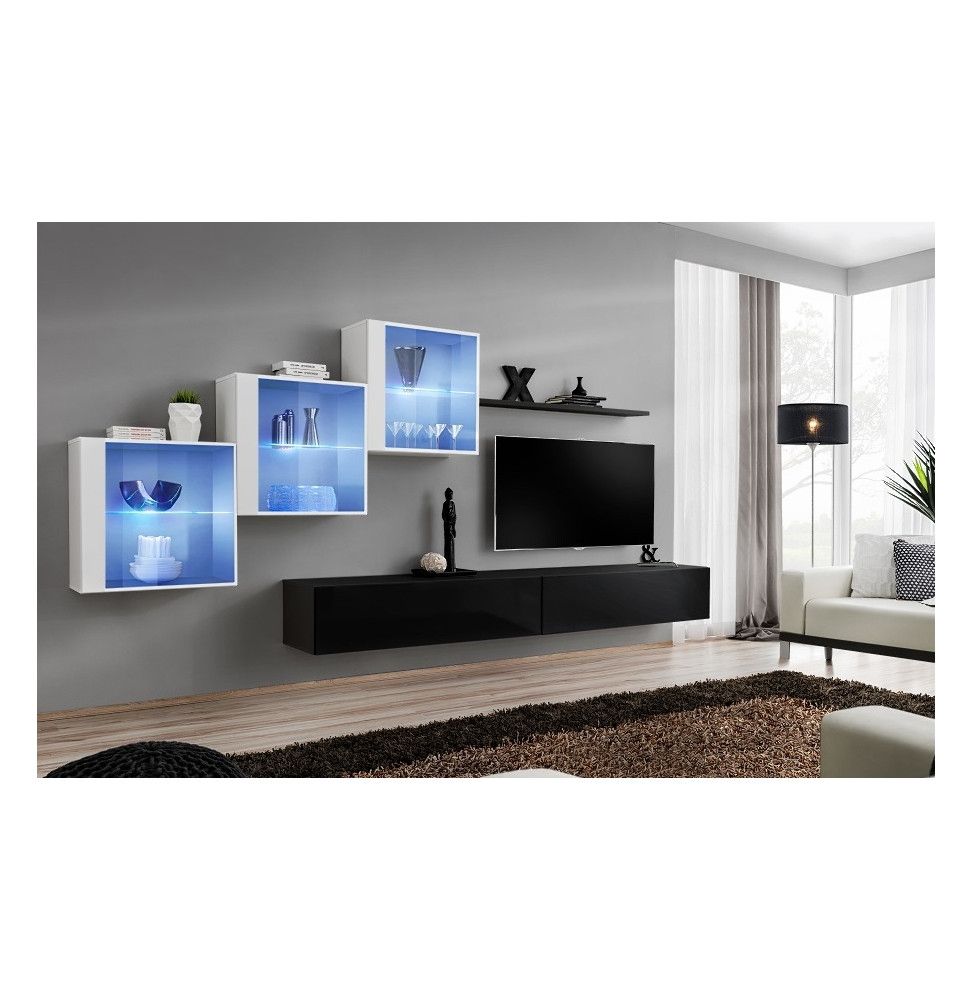 Ensemble meuble TV mural - Switch XX - 330 cm x 160 cm x 40 cm - Blanc et noir