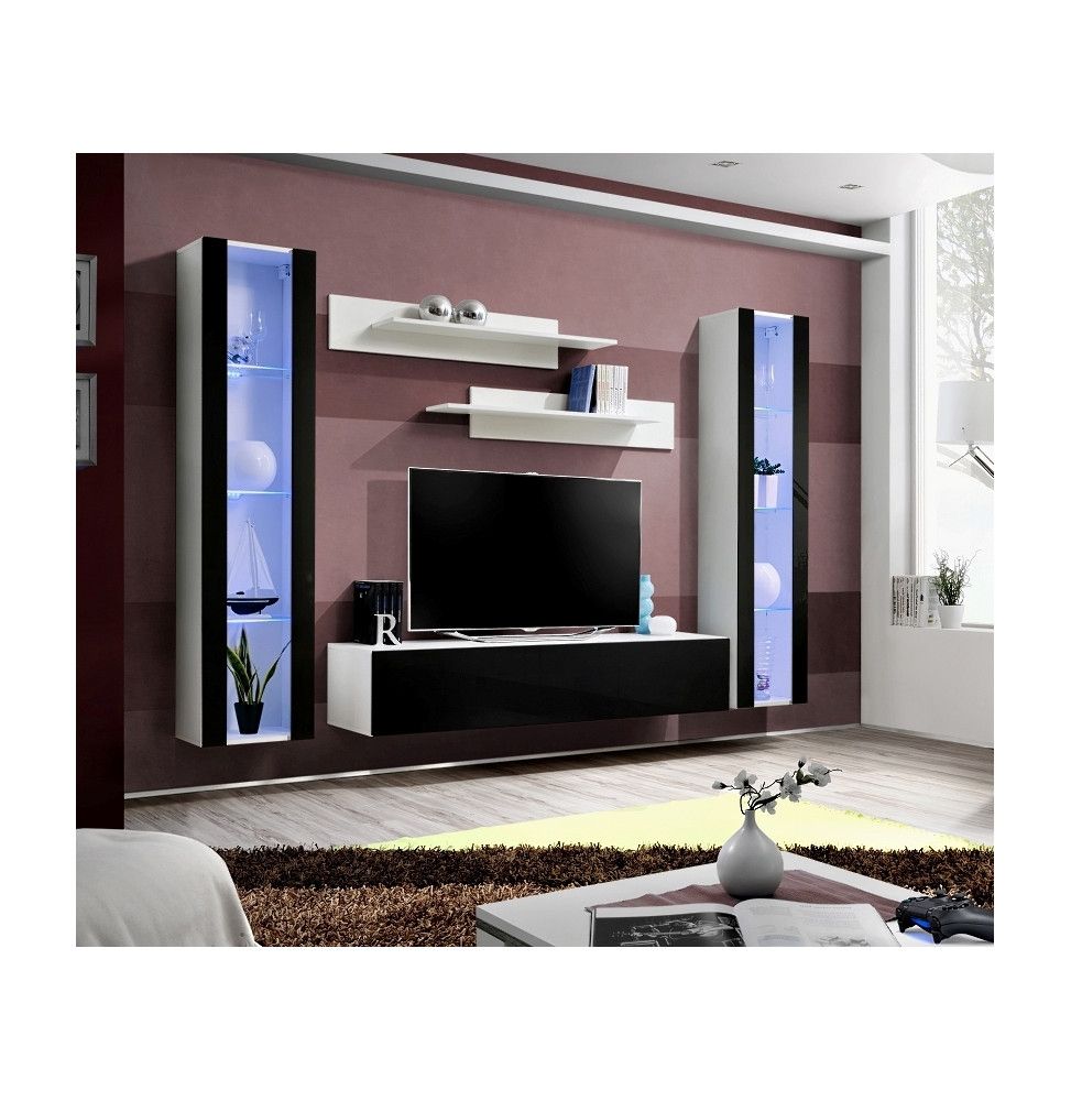 Ensemble meuble TV mural  - Fly V - 260 cm x 190 cm x 40 cm - Blanc et noir