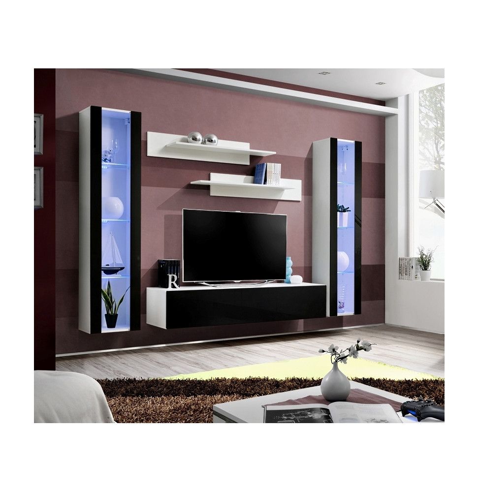 Ensemble meuble TV mural - Fly V - 260 cm x 190 cm x 40 cm - Blanc et noir