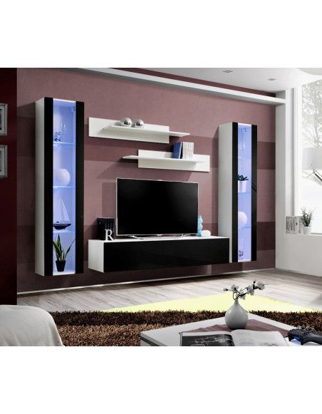 Ensemble meuble TV mural  - Fly V - 260 cm x 190 cm x 40 cm - Blanc et noir