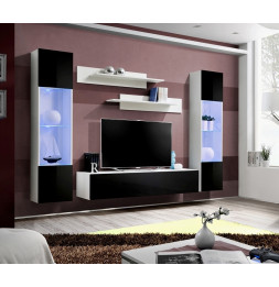 Ensemble meuble TV mural  - Fly III - 260 cm x 190 cm x 40 cm - Blanc et noir