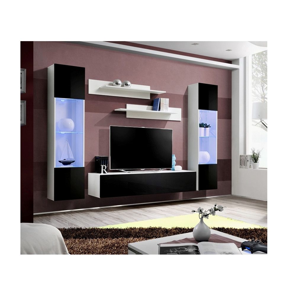 Ensemble meuble TV mural  - Fly III - 260 cm x 190 cm x 40 cm - Blanc et noir
