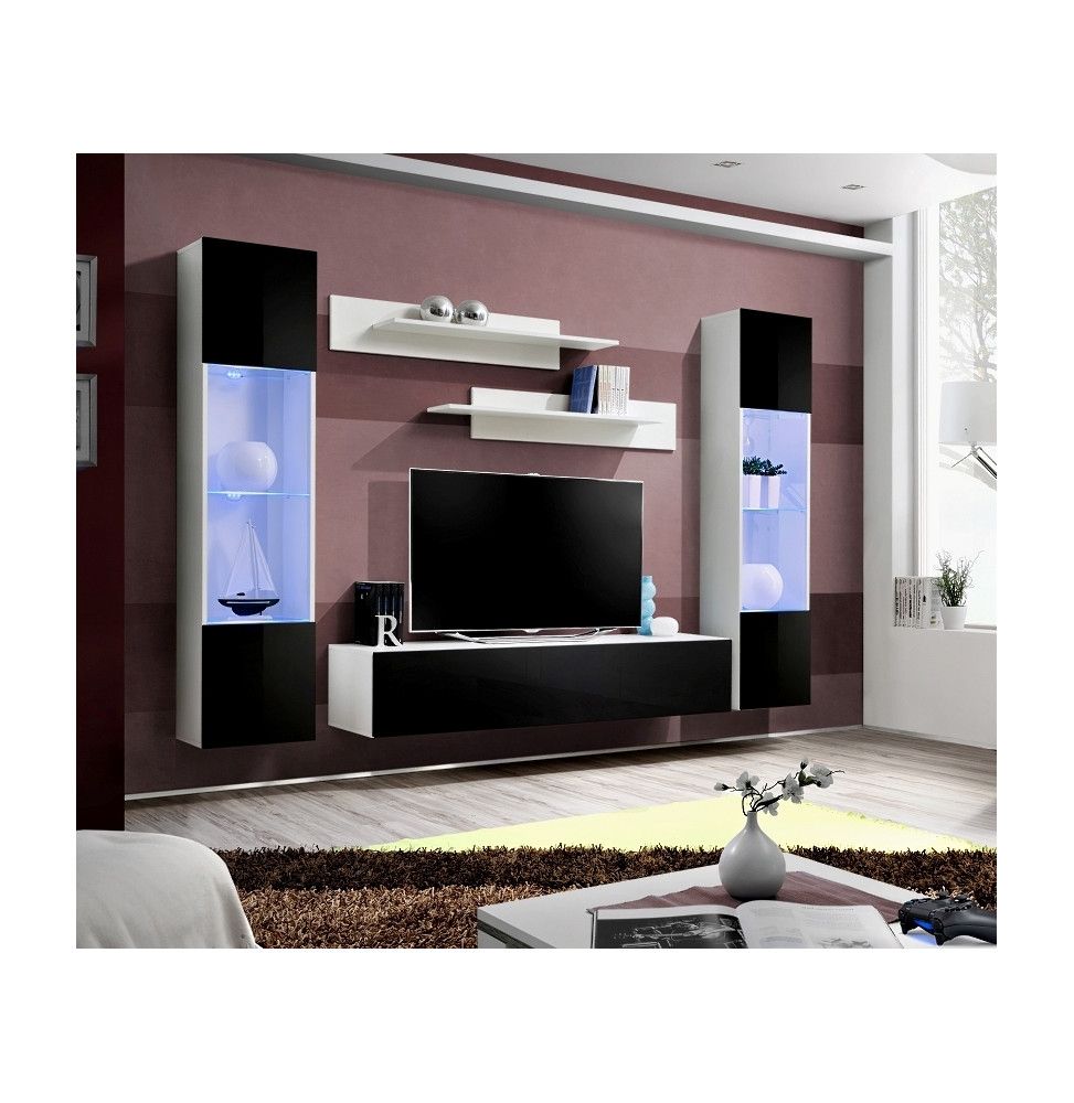 Ensemble meuble TV mural - Fly III - 260 cm x 190 cm x 40 cm - Blanc et noir