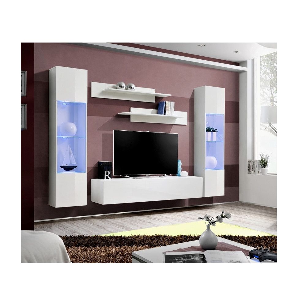 Ensemble meuble TV mural  - Fly III- 260 cm x 190 cm x 40 cm - Blanc