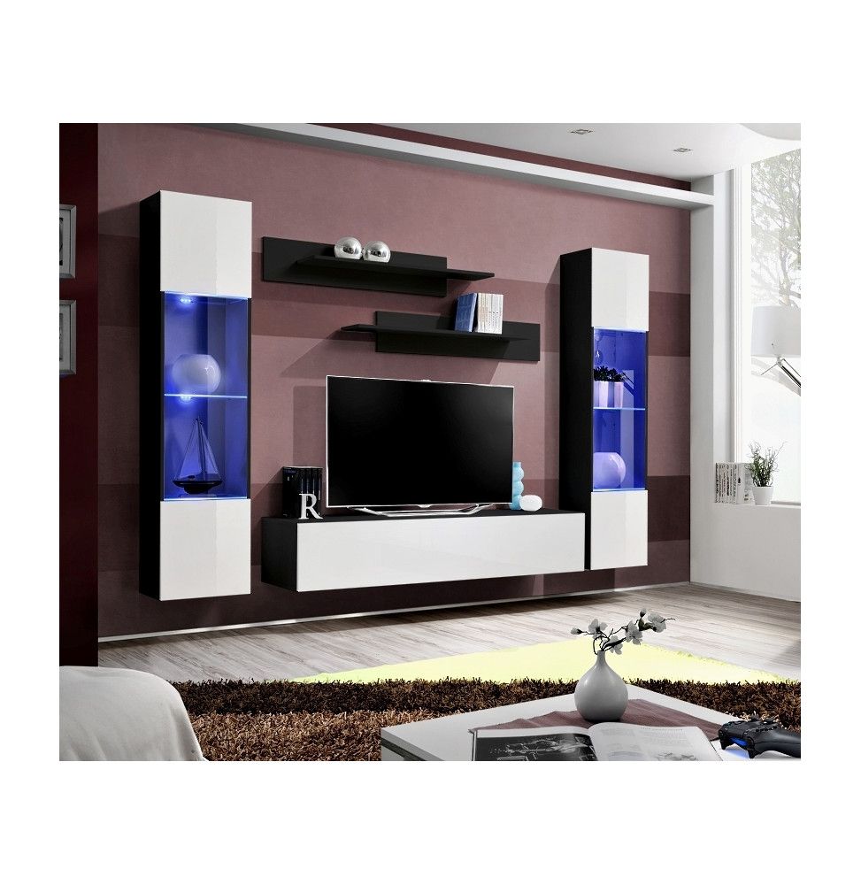 Ensemble meuble TV mural - Fly III - 260 cm x 190 cm x 40 cm - Noir et blanc