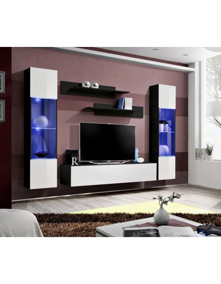 Ensemble meuble TV mural  - Fly III - 260 cm x 190 cm x 40 cm - Noir et blanc