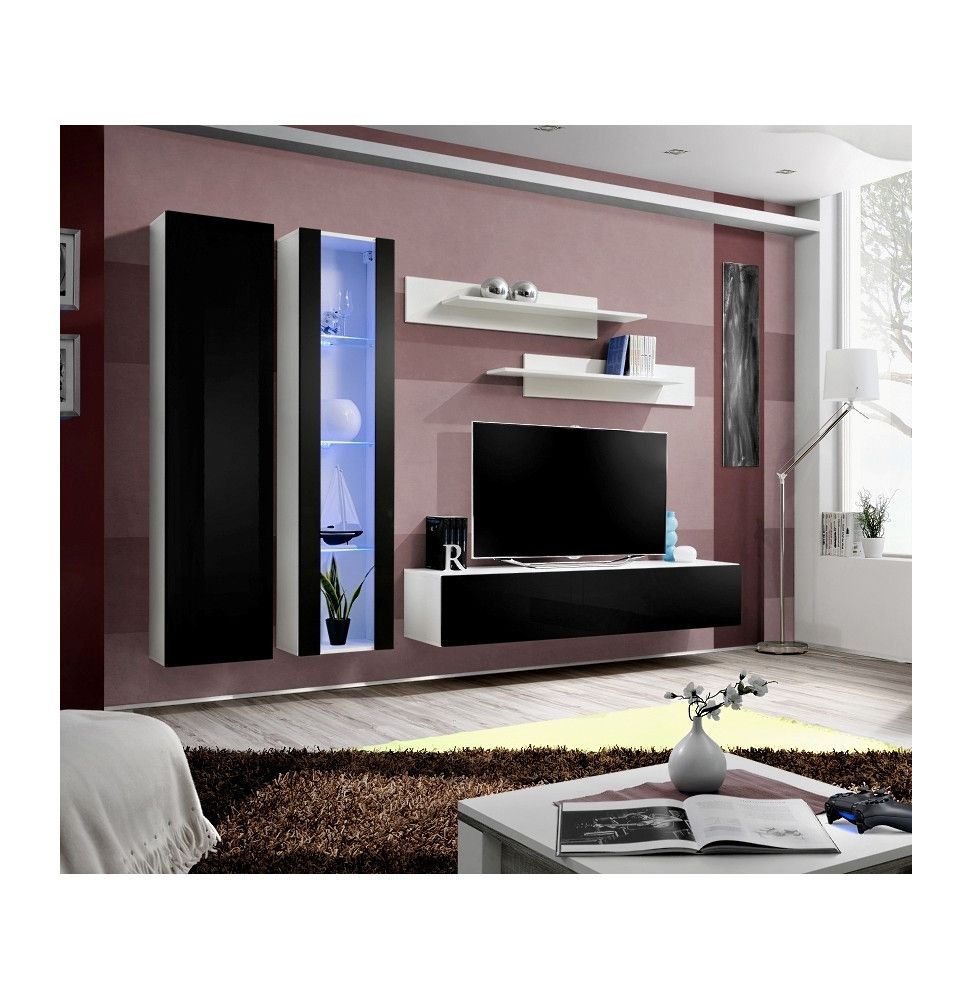 Ensemble meuble TV mural  - Fly I - 260 cm x 190 cm x 40 cm - Blanc et  noir