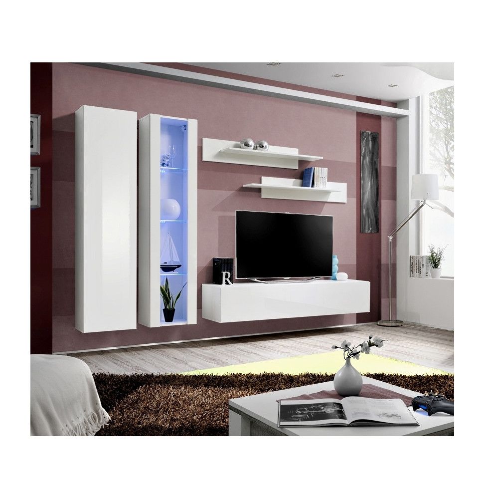 Ensemble meuble TV mural  - Fly IV - 260 cm x 190 cm x 40 cm - Blanc