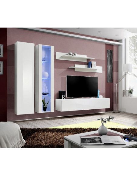 Ensemble meuble TV mural  - Fly IV - 260 cm x 190 cm x 40 cm - Blanc