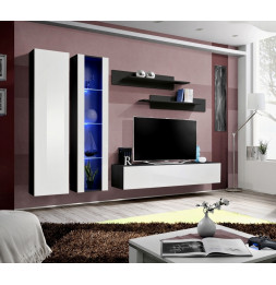 Ensemble meuble TV mural  - Fly IV - 260 cm x 190 cm x 40 cm - Noir et blanc