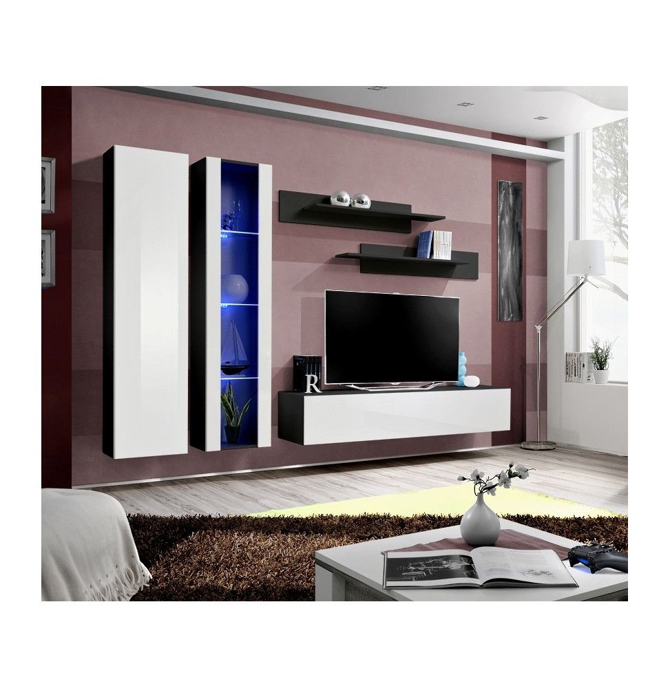 Ensemble meuble TV mural  - Fly IV - 260 cm x 190 cm x 40 cm - Noir et blanc