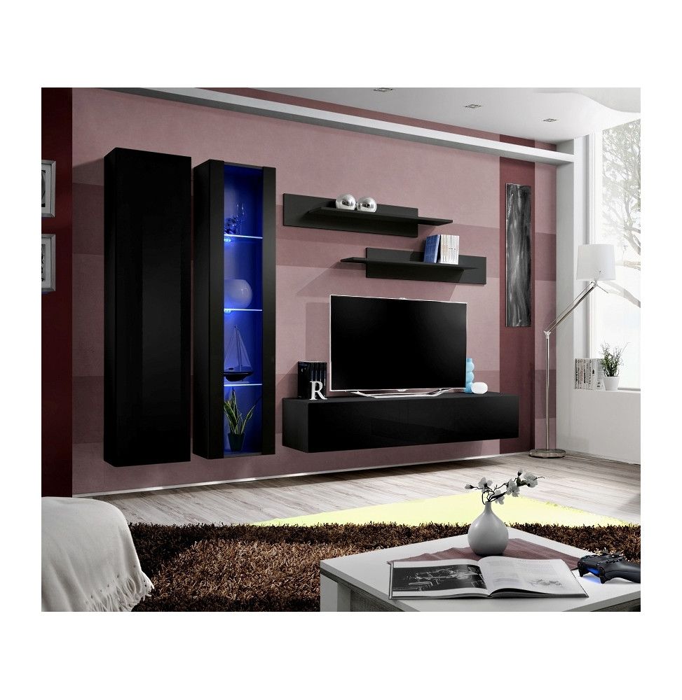 Ensemble meuble TV mural  - Fly IV - 260 cm x 190 cm x 40 cm - Noir