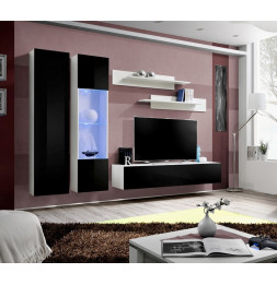 Ensemble meuble TV mural  - Fly IV - 260 cm x 190 cm x 40 cm - Blanc et noir