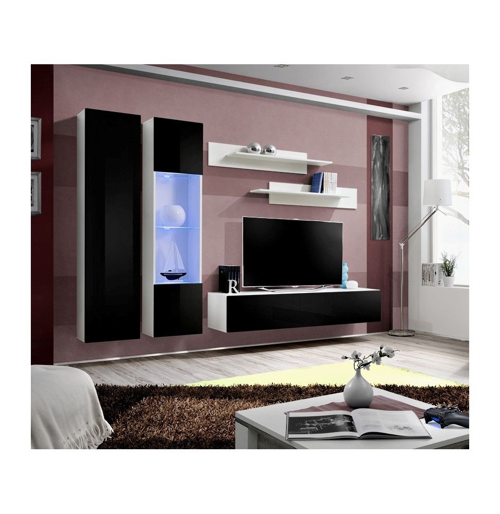 Ensemble meuble TV mural  - Fly IV - 260 cm x 190 cm x 40 cm - Blanc et noir