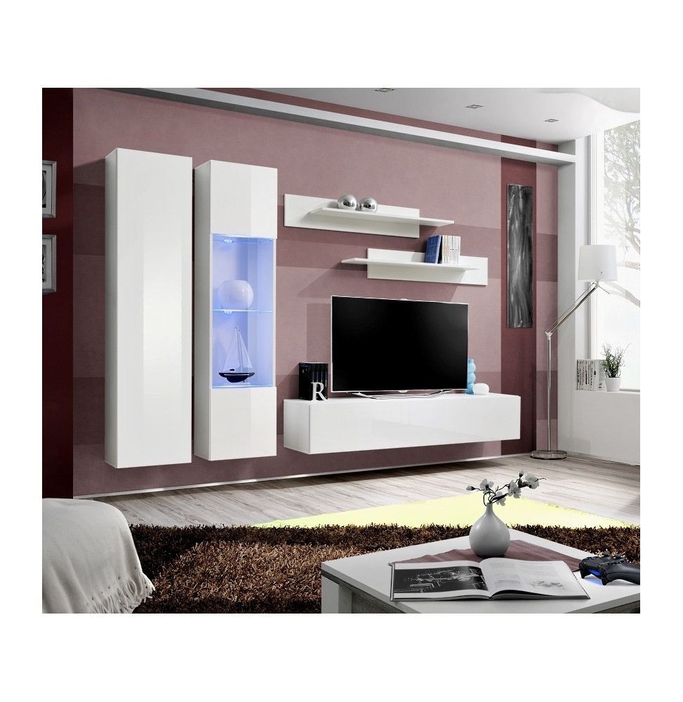 Ensemble meuble TV mural  - Fly V - 260 cm x 190 cm x 40 cm - Blanc