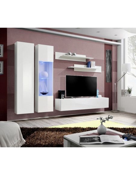 Ensemble meuble TV mural  - Fly V - 260 cm x 190 cm x 40 cm - Blanc