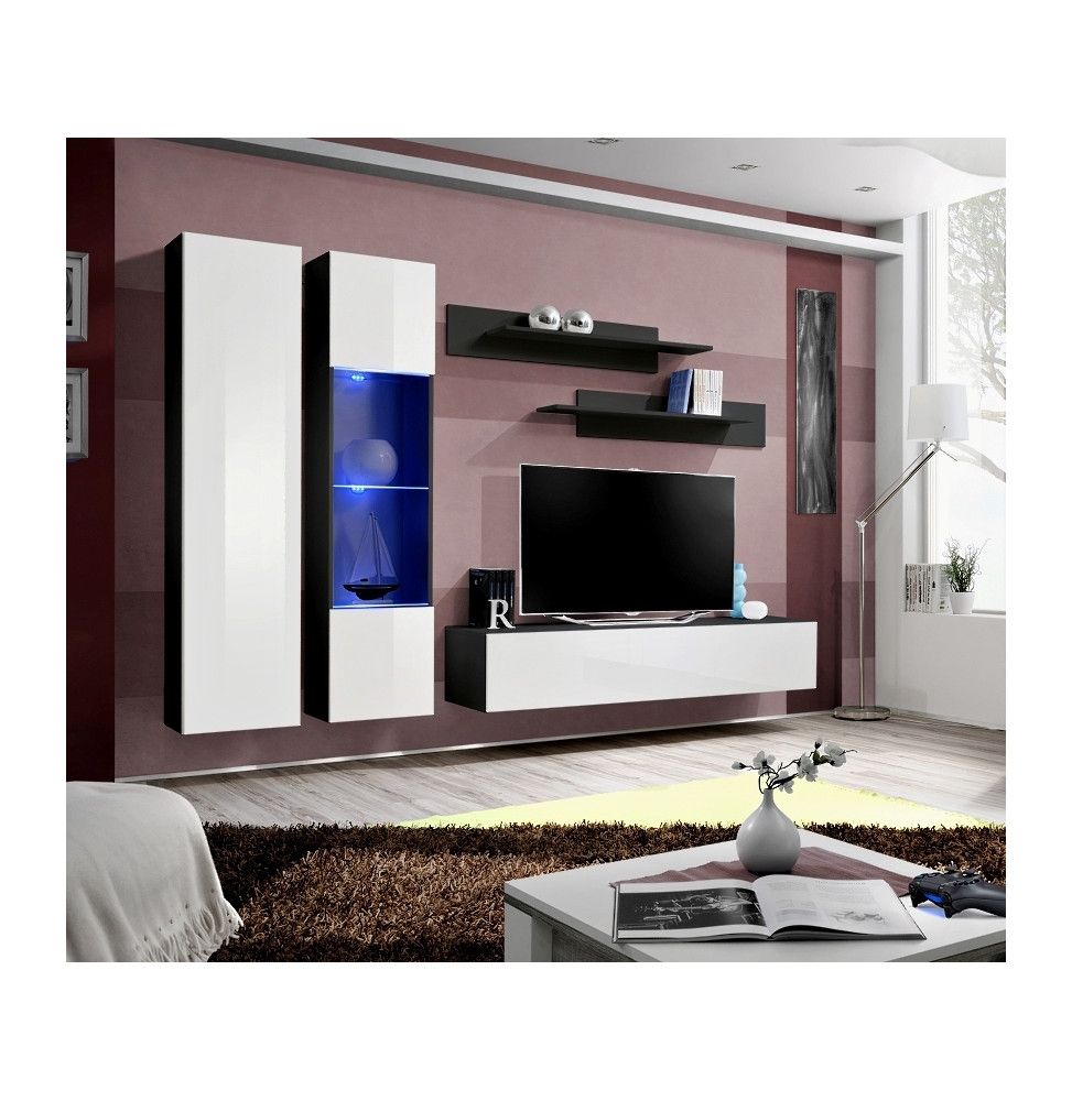 Ensemble meuble TV mural  - Fly V - 260 cm x 190 cm x 40 cm - Noir et blanc
