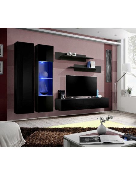 Ensemble meuble TV mural  - Fly V - 260 cm x 190 cm x 40 cm - Noir