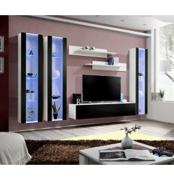 Ensemble meuble TV mural  - Fly IV - 310 cm x 190 cm x 40 cm - Blanc et noir